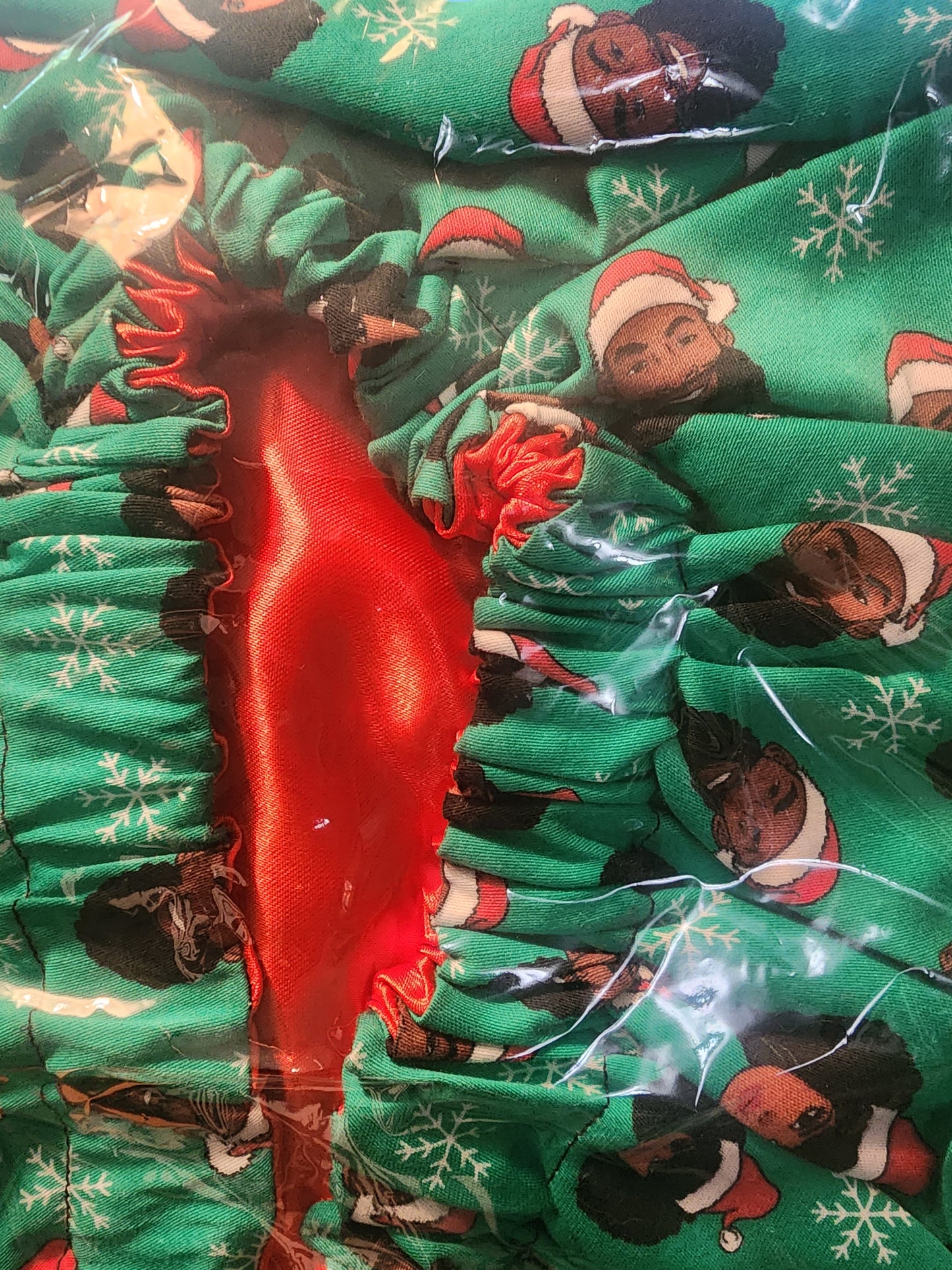 Black Santa and Mrs. Claus red satin-lined bonnet