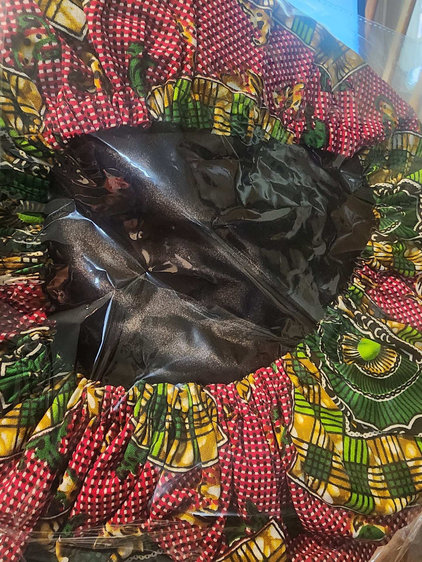 Pink and Green African print black satin-lined bonnet